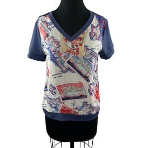 PETER SOM For DesigNation Blue Short Sleeve V-Neckline Postcard Sweatshirt Sz S